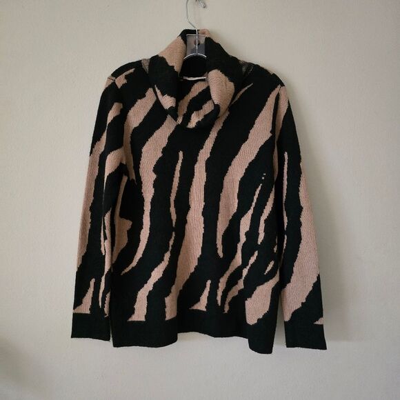 Soft Surroundings Black and Tan Zebra Stripesl Sweater Cowl Neck Size Small - Picture 2 of 9